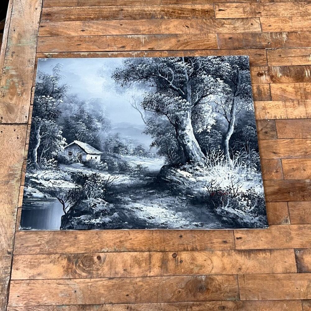 Oil Painted Canvas Black and White Landscape Rustic Cabin and Trees 16x20"